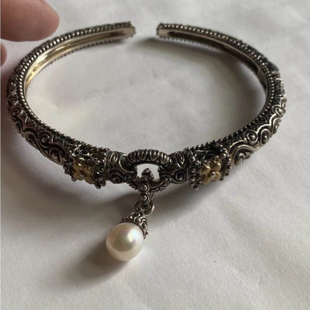 Barbara Bixby Sterling Silver 18k Yellow Gold Pearl Hinged Cuff Bracelet